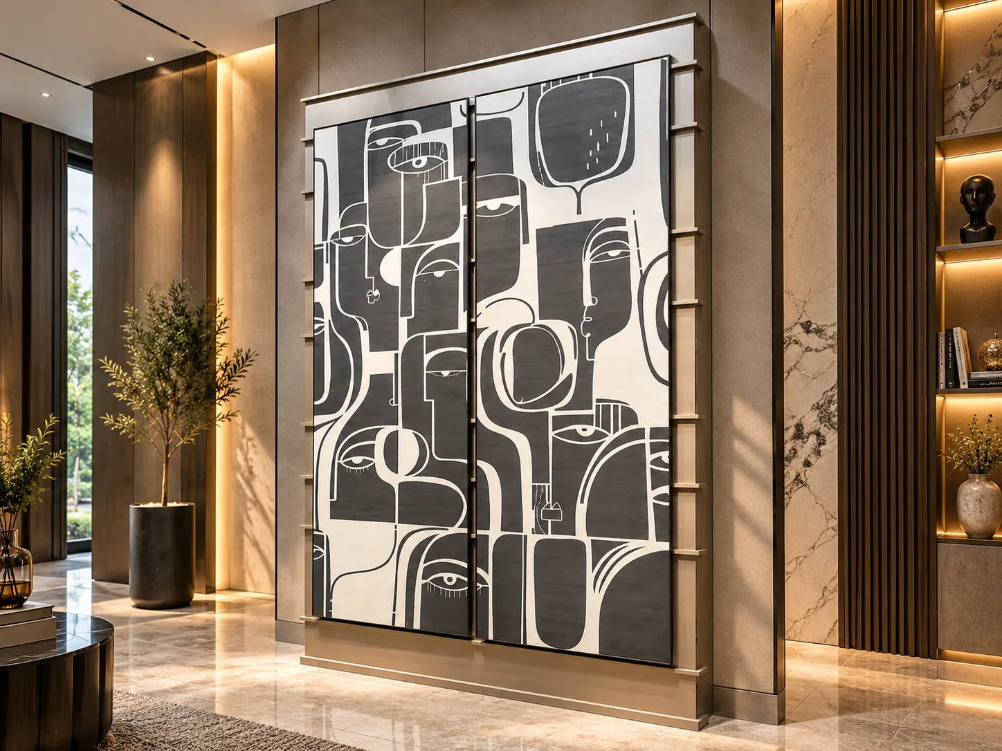 Warm architectural interior inspiration with a geometric designer veneer feature