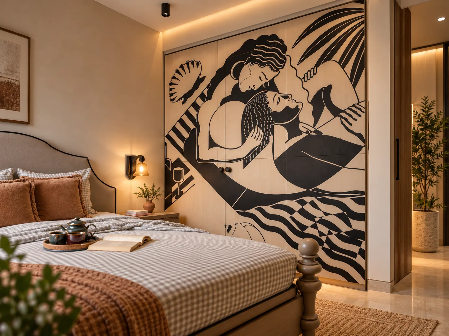 Bedroom inspiration with expressive customized veneer artwork across a wardrobe wall