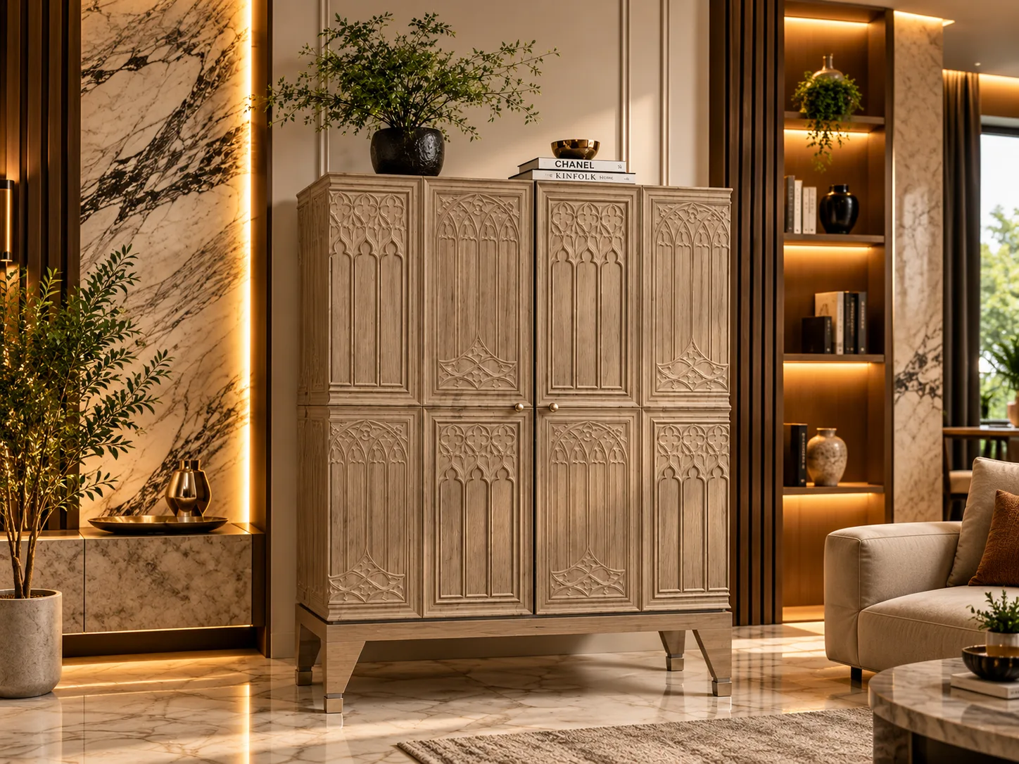 Customized designer veneer artwork bringing a warm interior to life