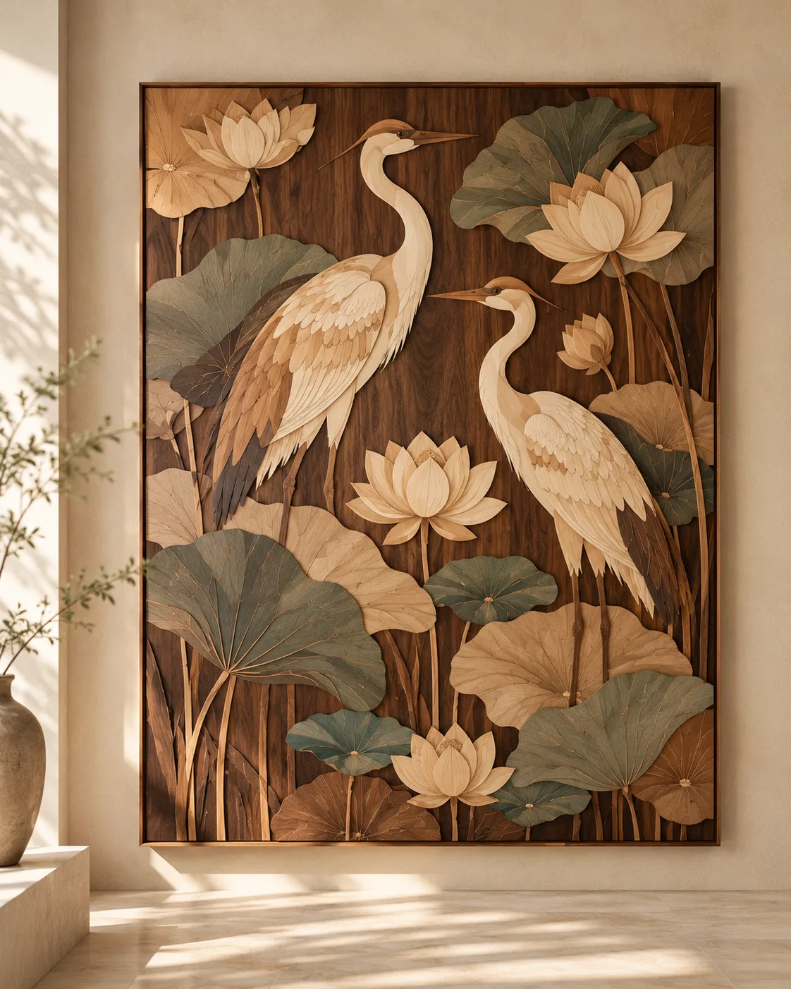 Realistic material study of pale maple, smoked ash and walnut marquetry with stylised herons and lotus leaves
