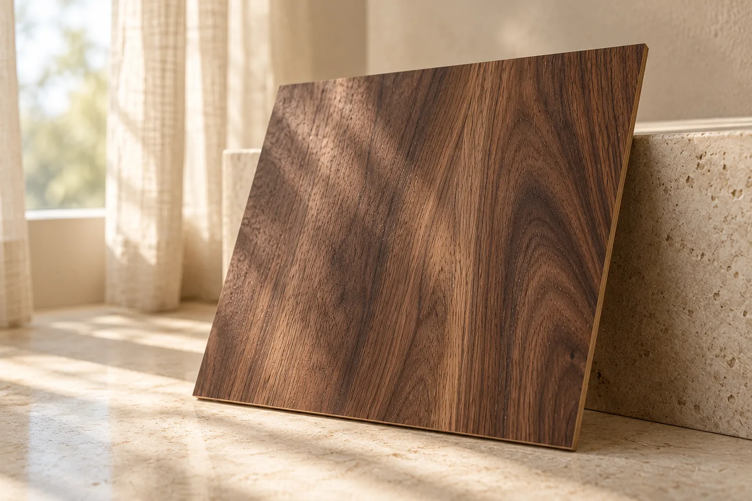 Walnut veneer sample resting in soft daylight with its grain and thin edge visible