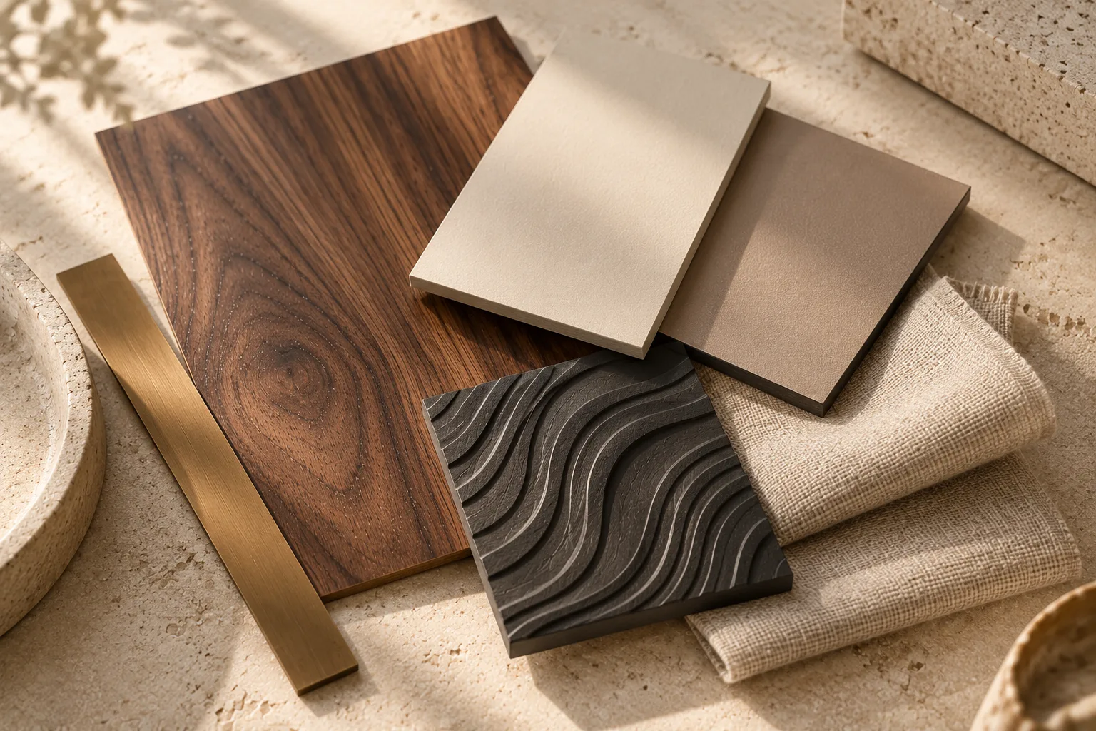 Considered interior-material palette of walnut veneer, ivory laminate, clay laminate and charcoal relief