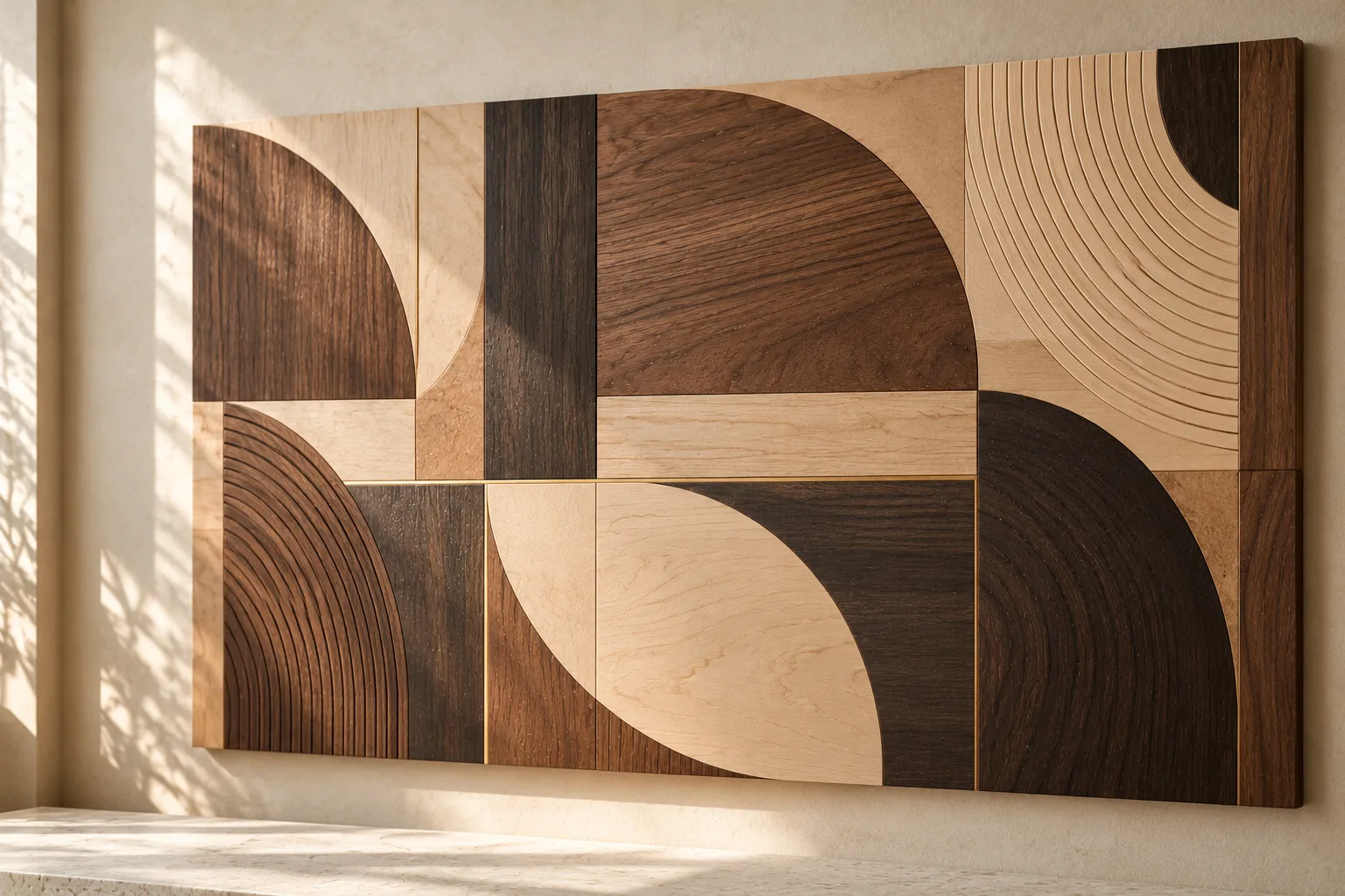 Geometric wood marquetry artwork with flowing arcs and contrasting veneer grain