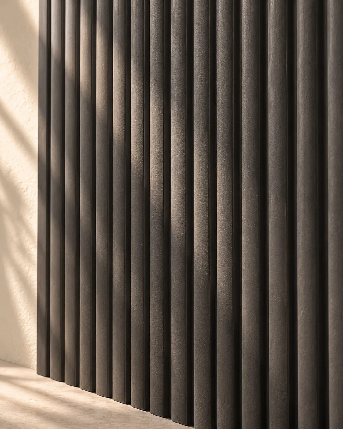 Charcoal fluted wall relief with closely spaced vertical ridges and soft shadows