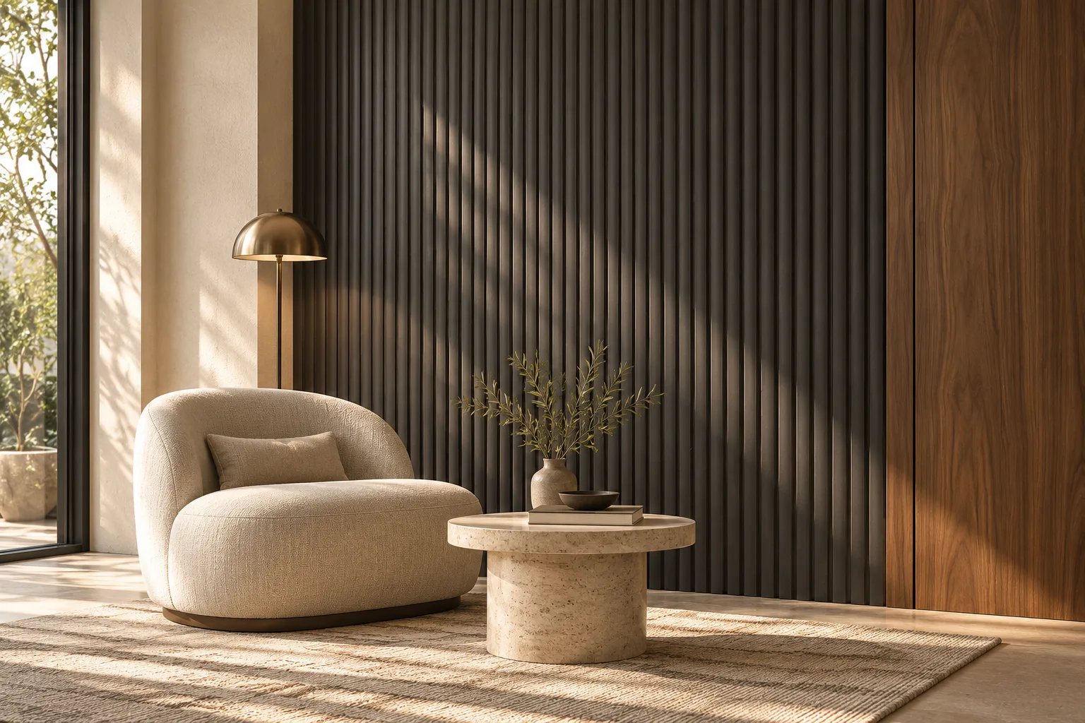 Fictional interior inspiration with a charcoal relief wall, walnut return surface and oat plaster