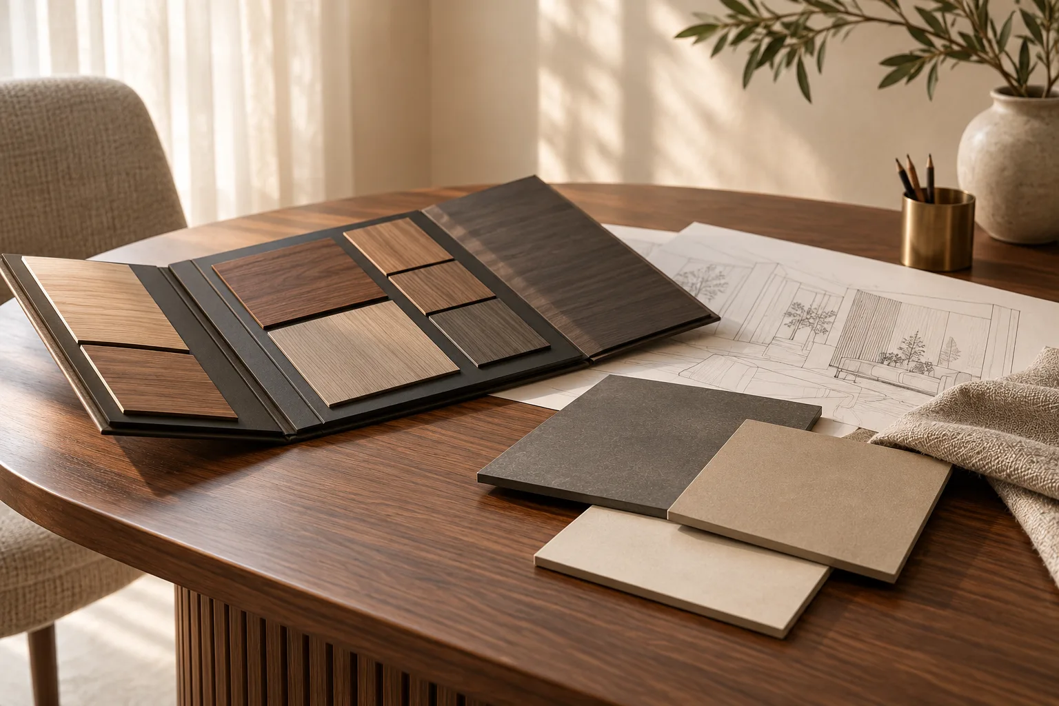 Laminate samples arranged on a design selection table