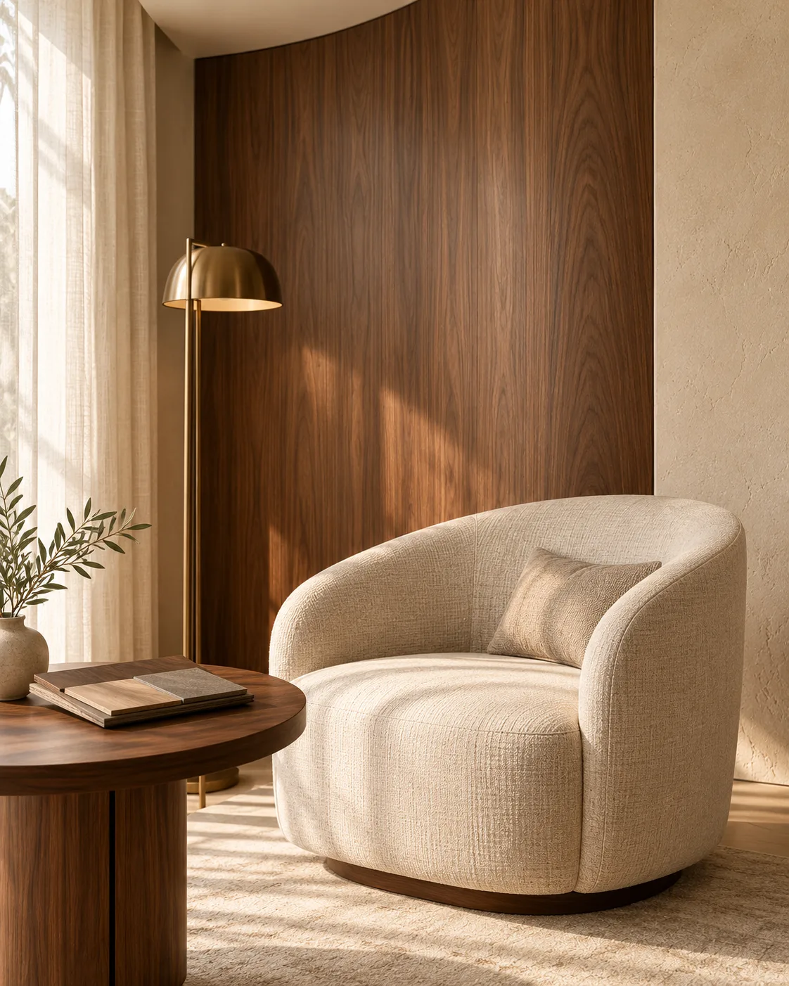 Fictional material inspiration showing a calm seating corner with layered surfaces