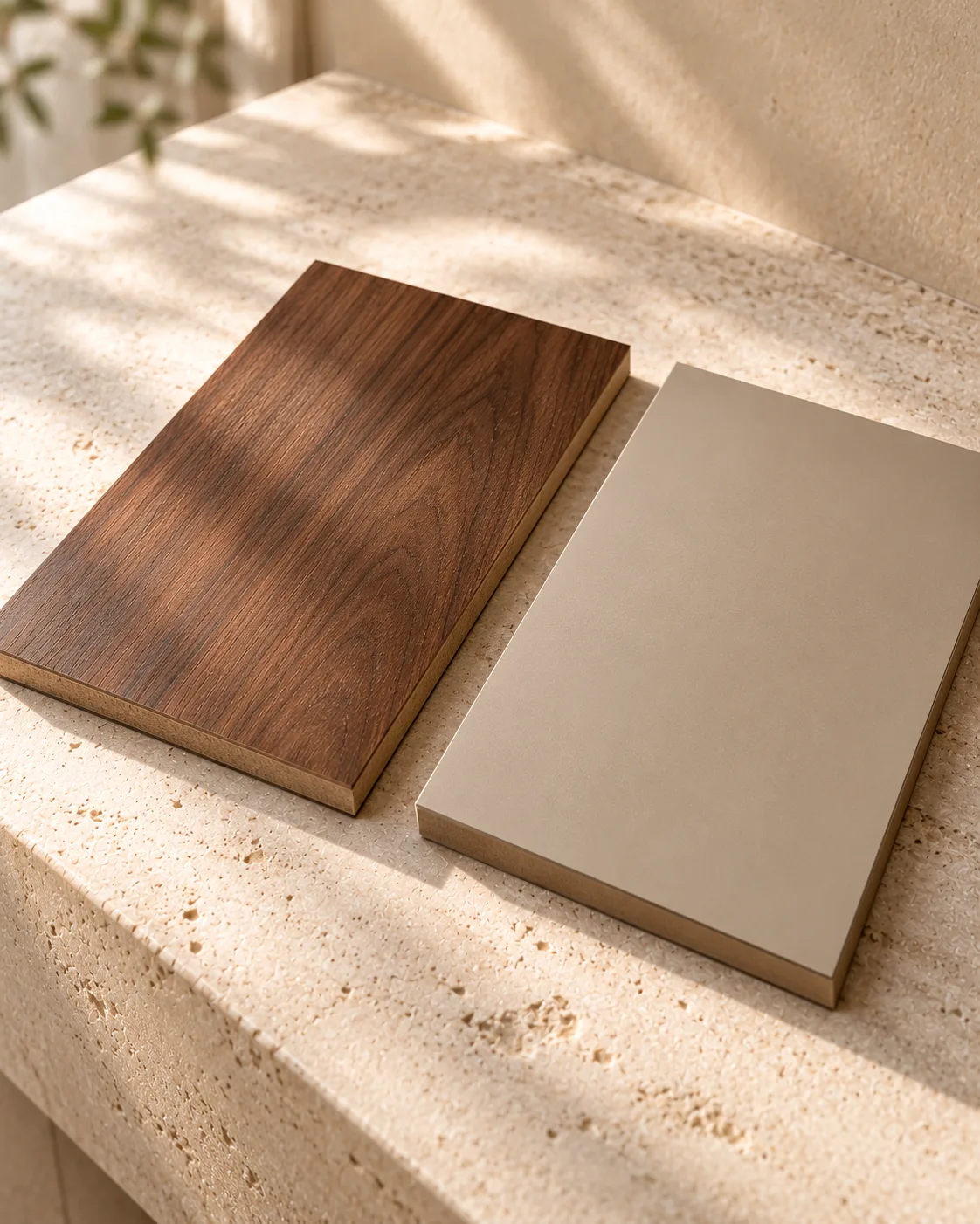 Realistic material study showing veneer and laminate sample edges side by side