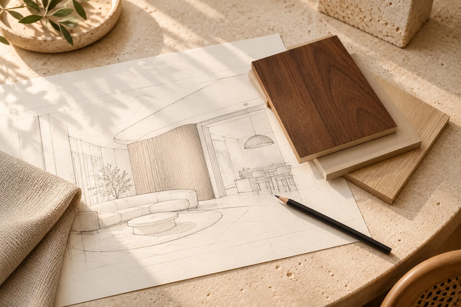 Realistic material study showing a room drawing, material samples and preparation notes on a table